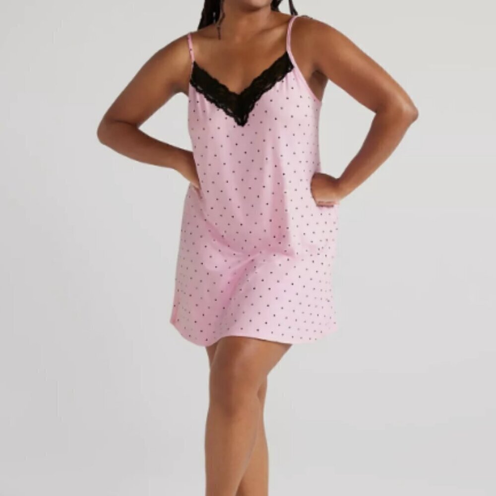 Joyspun Women’s Lace Trim Knit Chemise Color Pink & Black Polkadot Sail size S
